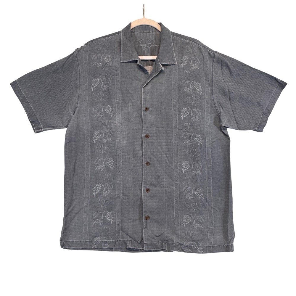 Tommy Bahama Button Up‎ Camp Shirt Mens L Grey 100% Silk Embroidered Palm Leaf